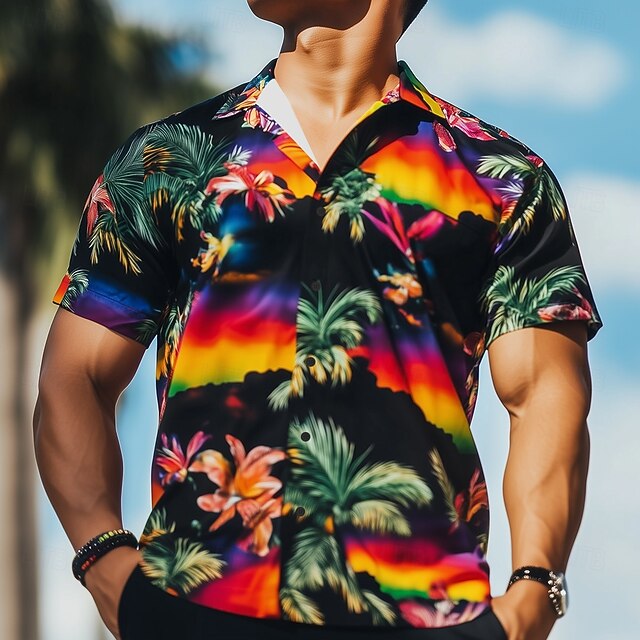 Men's Rainbow LGBT Pride Shirt Summer Hawaiian Shirt Button Up Shirt Short Sleeve Hawaiian Holiday Streetwear Summer Spring Turndown 3D Print Black4