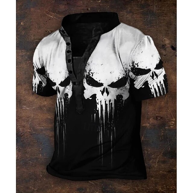 Men's Halloween Skull Cool Skulls T Shirt Henley Shirt Tee Short Sleeve Designer Basic Classic Outdoor Casual Daily Summer Black Henley Henley T-Shirt3