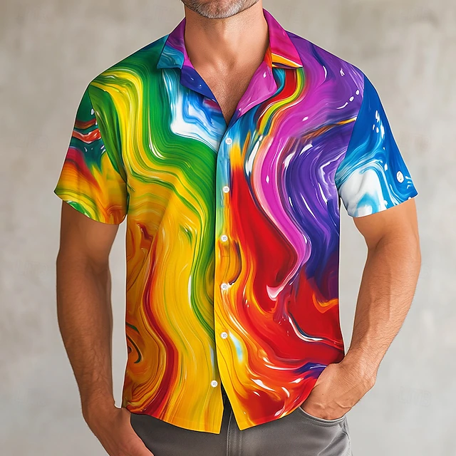 Men's Rainbow Waves Pride Shirt Casual Shirt Cuban Collar Shirt Short Sleeve Fashion Casual Holiday Summer Spring Stand Collar Camp Collar Shirt 3D Print Rainbow4