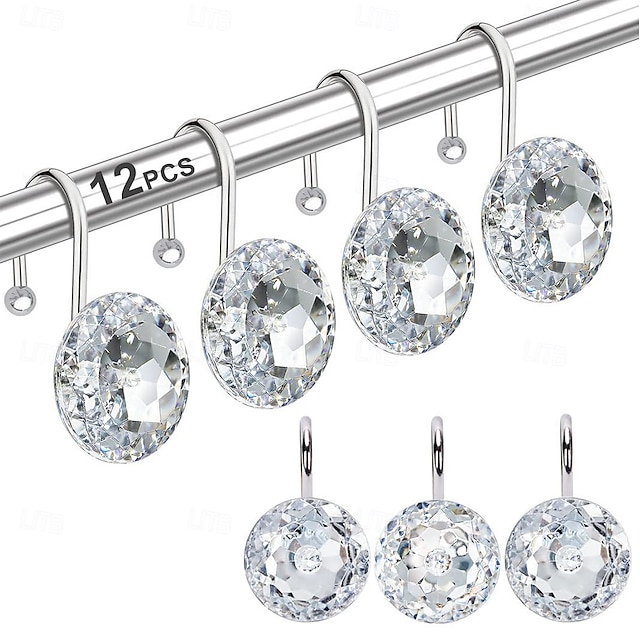 12 Pcs Acrylic Decorative Rolling Diamond Shower Curtain Hooks Rust Proof Rhinestones Crystal Bling Shower Curtain Hooks for Curtain and Shower Rod, Clear Round