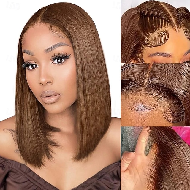  Parrucca in pizzo bobo corto 13*4 con capelli umani castani 4#, capelli umani lisci, densità 150%