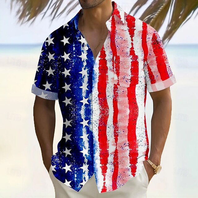 Independence Day Men's American US Flag Patriotic Fourth of July Shirt Summer Shirt Button Up Shirt Short Sleeve Fashion Casual Holiday Summer Turndown 3D Print Front One Pocket Linen Like Shirt White4