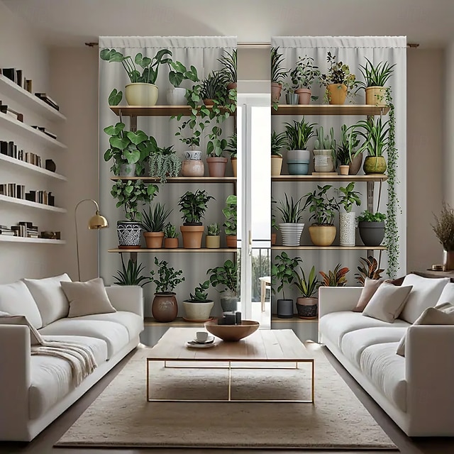 2 darabos növényi bonsai mintás függöny szett polcokon, alkalmas dolgozószobába, konyhába, nappaliba, kollégiumi rúdtáskákba, hálószobába, kiegészítőkbe, szobadekorációba és lakberendezési mennyezeti