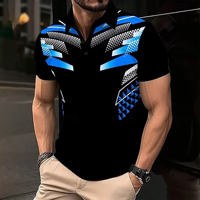  Hombre Bloque de color Polo Manga Corta Camisas de polo Camisas con cuello Casual Exterior Calle Ropa Cotidiana Impresión 3D Verano Azul Piscina