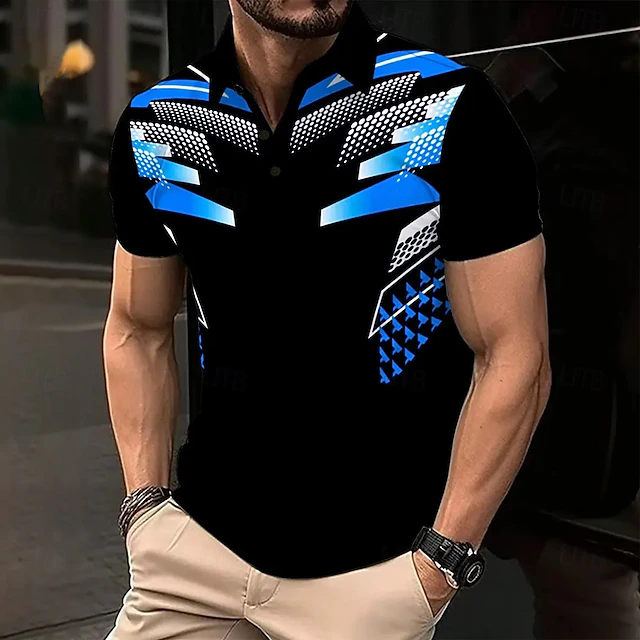 Men's Color Block Polo Short Sleeve Polo Shirts Collared Shirts Casual Outdoor Street Daily Wear 3D Print Summer Blue4