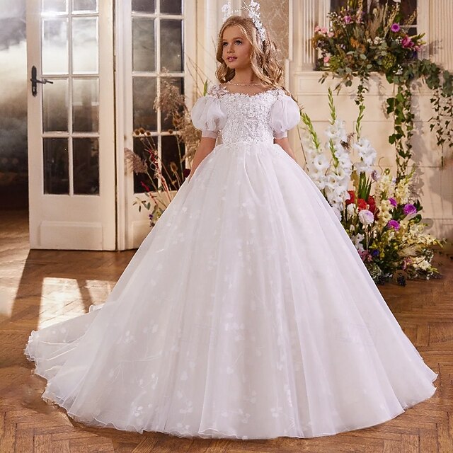  Vestido de Menina das Flores para Quinceanera Comprido de Tulle com Estilo Real e Corte Príncipe para Meninas de 3 a 16 Anos