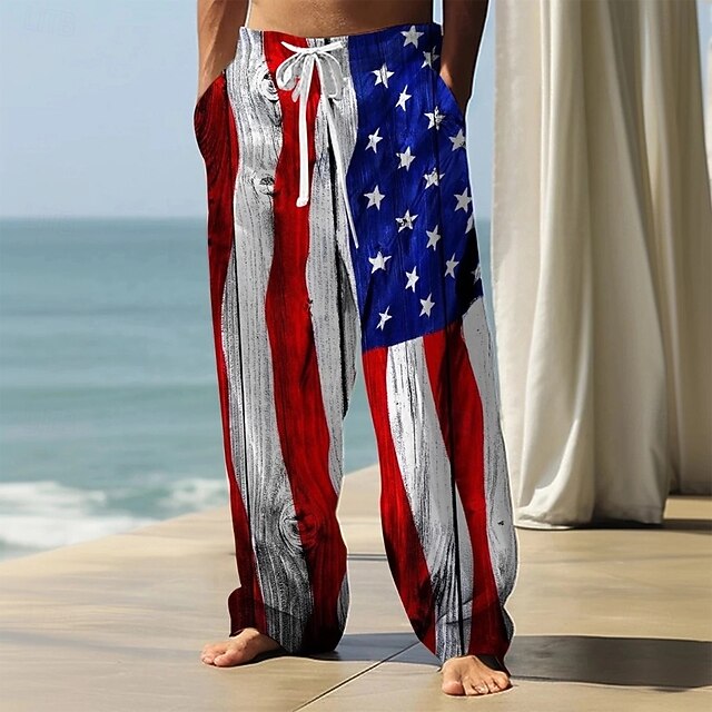Independence Day Men's American US Flag Patriotic Trousers Baggy Pants Casual Pants Mid Waist Casual Holiday Streetwear Drawstring Elastic Waist Wide Leg Summer Spring 3D Print White4