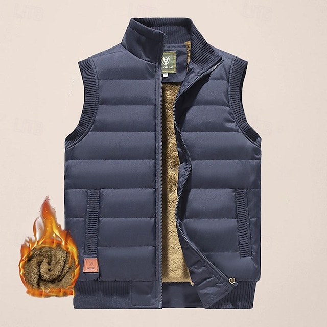  Pánské Puffer Vesta Denní Na běžné nošení Podzim zima Kapsy Polyester Zahřívací Pevná barva Zip Stojáček Běžný Černá Tmavě námořnická Vodní modrá Khaki Vesta