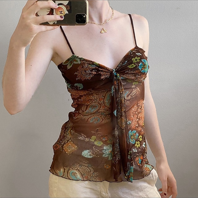  Dame Boho skjorte Bluse Blomsternål i krystall Moderne Bohem Ermeløs Med stropper Vanlige topper Ferie Ut på byen Trykt mønster Brun Sommer