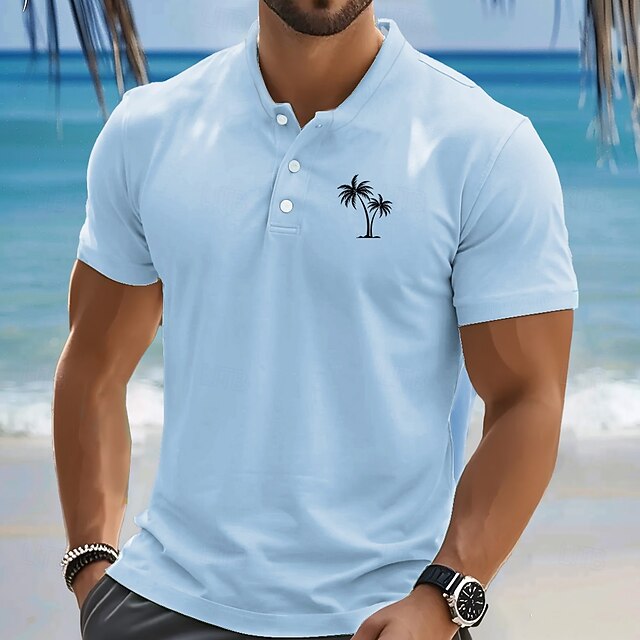 Men's Palm Tree T Shirt Henley Shirt Short Sleeve Designer Retro Vintage Casual Street Casual Daily Summer Spring Light Pink Light Green Light Blue Henley Henley T-Shirt4