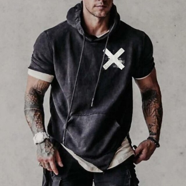 Men's T Shirt Tee Short Sleeve Shirt Tee Top Short Sleeve Hooded Summer Printed Fashion Designer Basic Patchwork Vacation Street Going out Dark Gray Top Tee for Men4