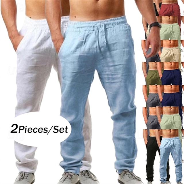  Pacote com 2 calças de linho masculinas, calças de verão, calças largas, calças de praia, cordão, cintura elástica, lisas, confortáveis, respiráveis, comprimento total, uso ao ar livre, diário, moda de férias, estilo clássico, branco + azul celeste