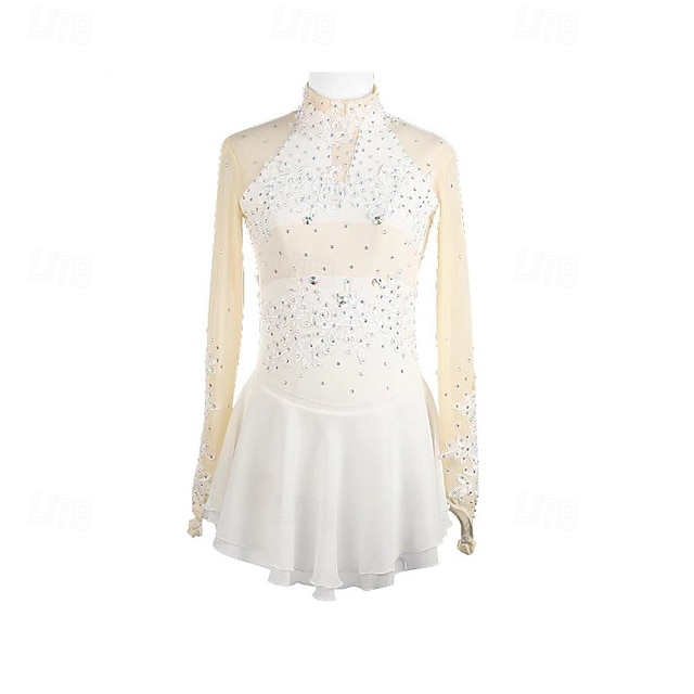  Eiskunstlaufkleid Damen Mädchen Eislaufen Kleid Weiß Patchwork Daumenloch Netzstoff Spandex Dehnbar Training Übung Professionell Eiskunstlaufkleidung Thermowarm Kristall / Strass Langarm Eislaufen