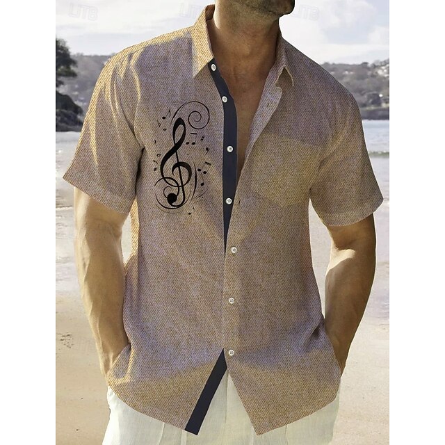Men's Summer Shirt Casual Shirt Beach Shirt Button Up Shirt khaki Short Sleeve Pattern Musical Notes Lapel Vacation Hawaiian Clothing Apparel Polyester Fashion Casual Comfortable2