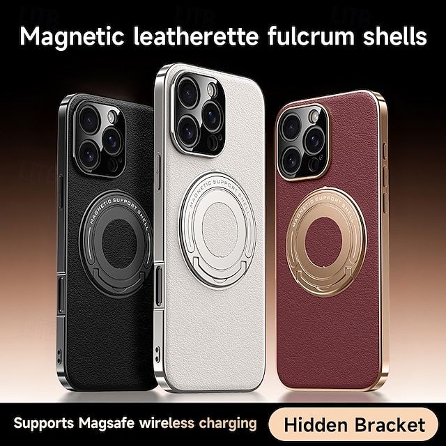  Magnetic Leather Phone Case for iPhone 16/15/14/13 Pro Max – Shockproof Back Cover with Ring Kickstand, Wireless Charging Support