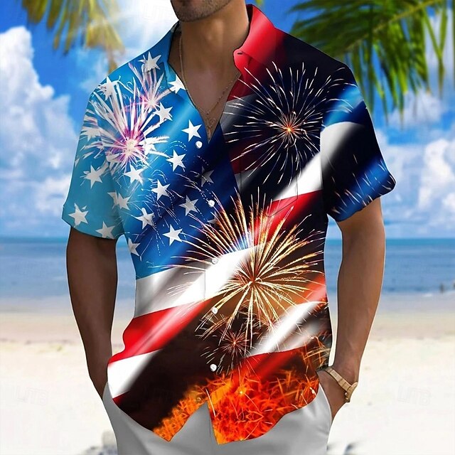 Independence Day Men's American US Flag Patriotic Fireworks Shirt Summer Shirt Button Up Shirt Short Sleeve Fashion Casual Holiday Summer Spring Turndown 3D Print Collared Shirts Front One Pocket Blue4