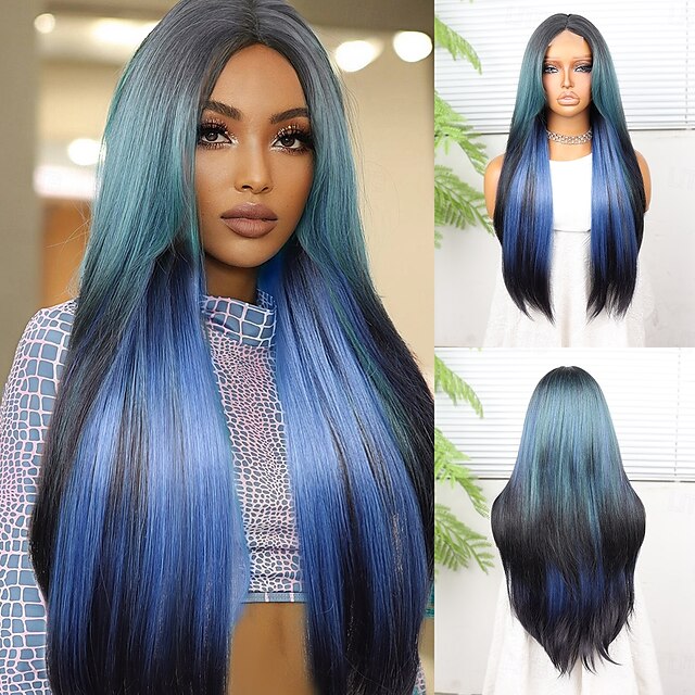  Perruque en dentelle synthétique Bouclé Style 24 pouce Bleu Raie au milieu partie U Perruque Femmes Perruque Bleu lagune
