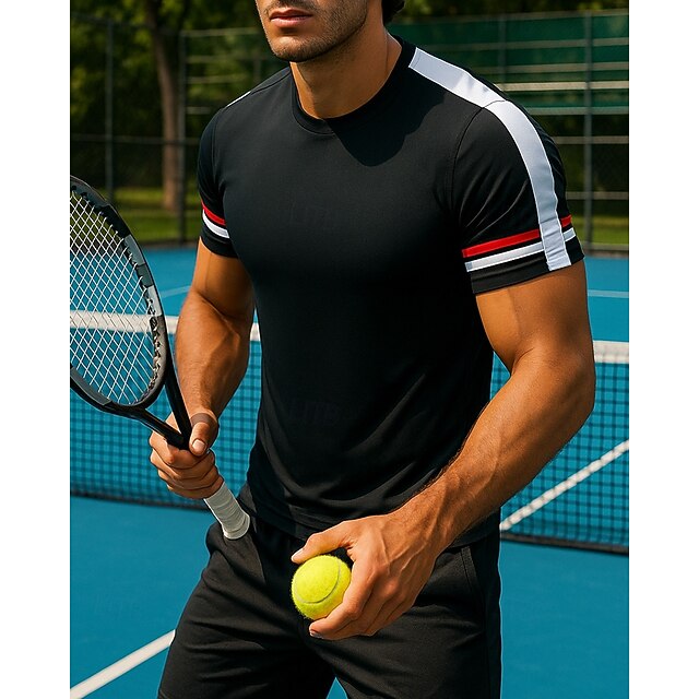 Men's Patchwork Sport Shirt Tennis Shirt Tennis Tee Short Sleeves Sweat-Wicking Moisture Wicking Breathable Tennis Golf Pickleball Crew Neck Black Tennis Clothing4