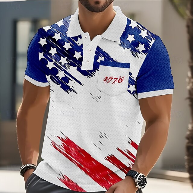 American Independence Day Men's American US Flag Polo Short Sleeve Polo Shirts Collared Shirts Casual Outdoor Athleisure Daily Wear Buttons 3D Print Summer Blue4