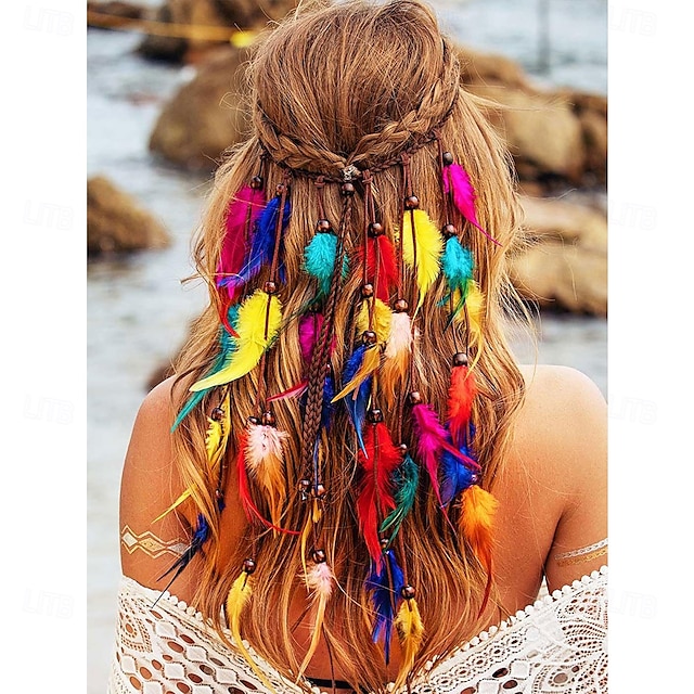  Cerchietti indiani arcobaleno boho, copricapo hippie con piume, accessori per capelli lunghi con piume regolabili per donne e ragazze