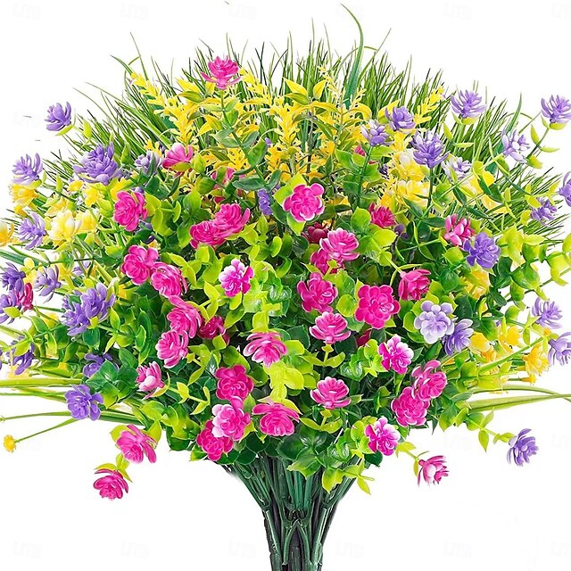  9 Bündel Kunstblumen für draußen, künstliche Eukalyptus- und Frühlingsgraspflanzen, UV-beständige Kunststoffpflanzen zur Dekoration im Innen- und Außenbereich, für Zuhause, Garten, Büro und Veranda