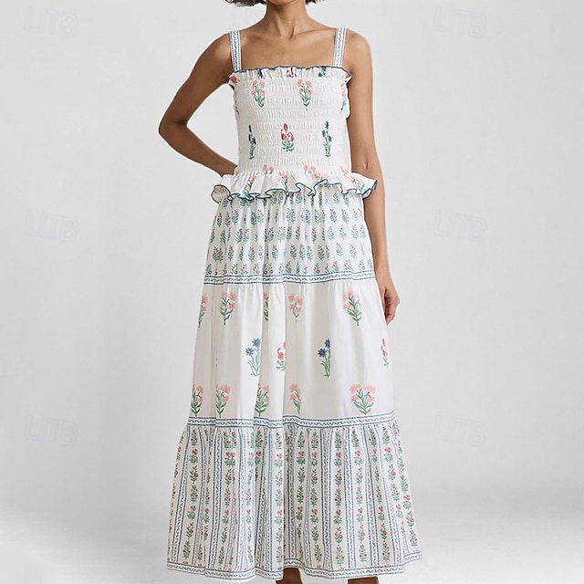  Damskie Sukienka midi Sukienka w kwiatki Sukienka Boho Sukienka z nadrukiem Moda Nowoczesny Na zewnątrz Urlop Święto Regularny Kwiat Bez rękawów Cienkie ramiączka Biały Rumiany róż Niebieski Lato