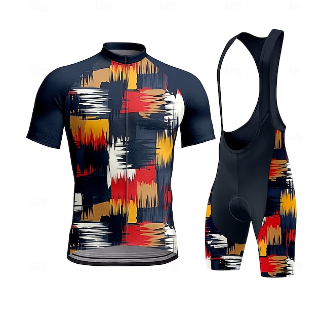  Men's Cycling Jersey with Bib Shorts Short Sleeve Navy Blue Bike Sports Graphic Plaid Checkered Camo / Camouflage Clothing Apparel