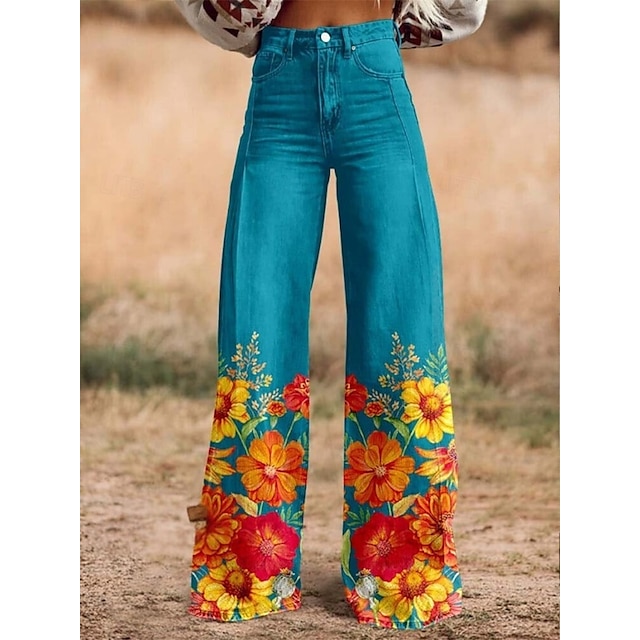  Retro Cikánský 70. léta Kalhoty Široké legované kalhoty Hippie Disko Vysoký pas Květinový Styl falešných džínů Maškarní kostým Dámské Karneval Běžné / Denní hudební festival Retro tematická párty