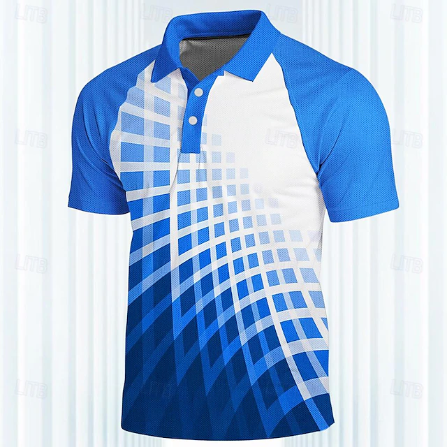 Men's Striped Sports Polo Shirts Golf Shirt Short Sleeve Polo Shirts Collared Shirts Casual Sportswear Vacation Wear 3D Print Buttons Spring & Summer Blue4