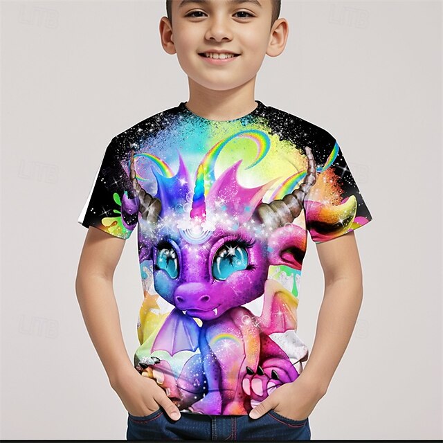 Rainbow Lil Dragonz by Sheena Pike Boys 3D Dragon T shirt Tee Short Sleeve Summer Spring Fashion Basic Kids 4-12 Years Crew Neck Outdoor Casual Daily Regular Fit4