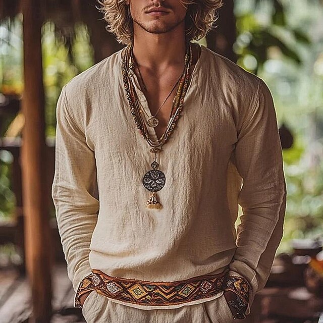 Men's Shirt Linen Shirt Popover Shirt Summer Shirt Beach Wear Retro Shirts Geometric Vacation Street Khaki Long Sleeve V Neck Summer Spring Clothing Apparel Ethnic4