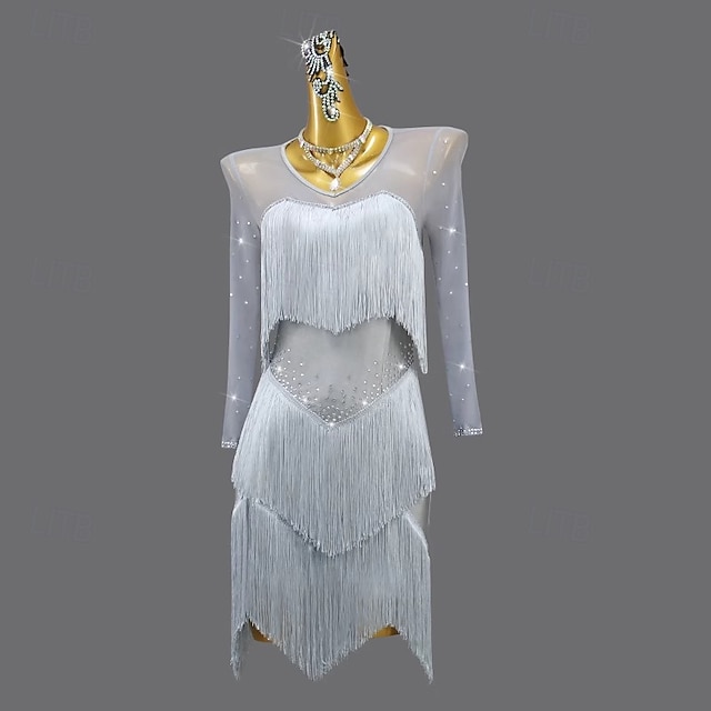 Robe De Danse Femme Salsa Latine - Strass, Manches Longues Maille, Slip Intégré (Taille S à XXL)