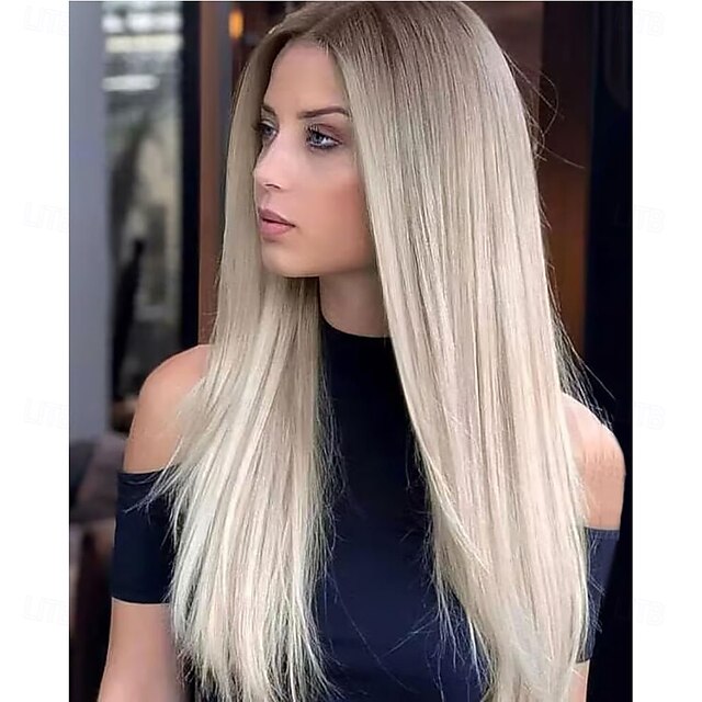  Peruca loira ombré longa de aparência natural com raízes castanhas, sem cola, para mulheres, cabelo sintético liso e sedoso, resistente ao calor, 28 polegadas