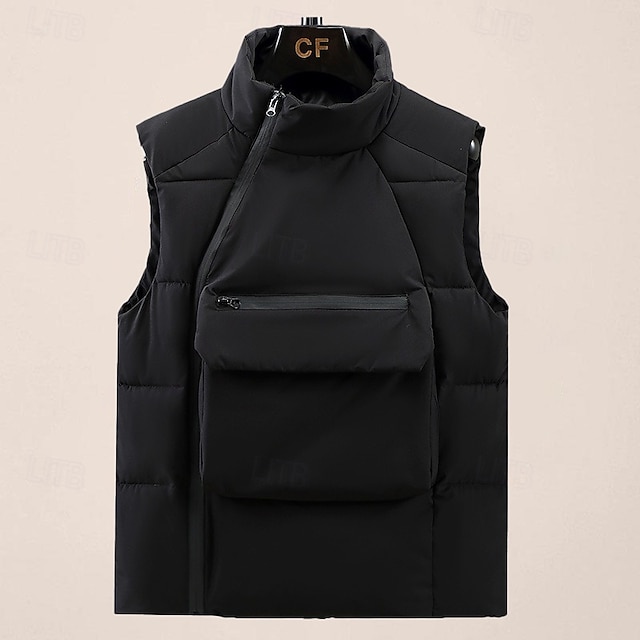  Herr Pufferväst Dagligen Ledigt Vår & Höst Ficka Polyester Bekväm Ensfärgat Pullover Normal Svart Grå Väst