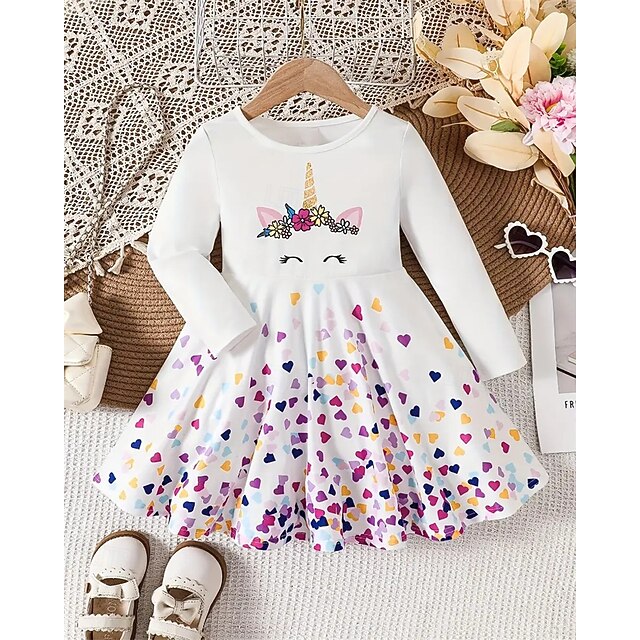 Girls' 3D Heart Unicorn Dress Long Sleeve Summer Spring Vacation Daily Holiday Princess Beautiful Sweet Kids 4-12 Years Casual Dress A Line Dress Knee-length Regular Fit2