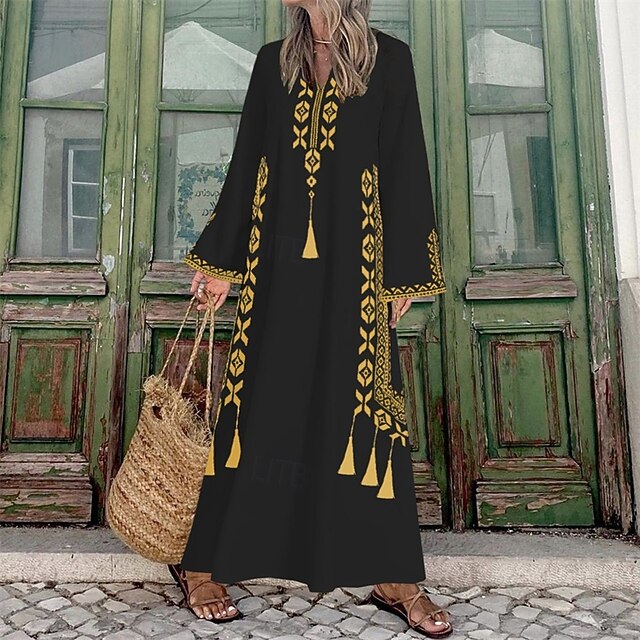 Women's Long Dress Maxi Dress Casual Dress Kaftan Dress Muslim Outdoor Party Holiday Regular Fit Geometric Long Sleeve V Neck Black White Summer3