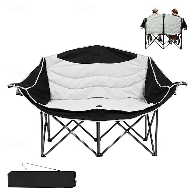  2人用特大キャンプチェア（耐荷重650ポンド、パッド入り、ワイングラスラック付き） &カップホルダー、軽量で持ち運び可能な折りたたみ式デザイン、耐久性のある600dオックスフォード生地 &キャンプ、ビーチ、バックヤ用のスチールフレーム