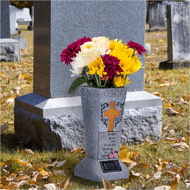  Vaso solar para cemitério com LED para flores frescas/artificiais, vasos para lápides com pontas, decoração para lápides, presentes memoriais para a perda de um ente querido