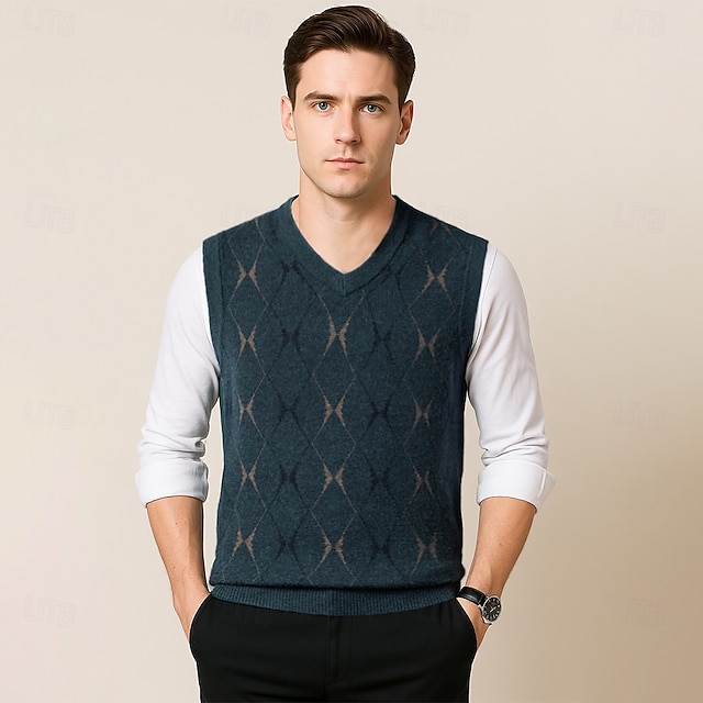  Herr Tröja väst Sticka Geometrisk V-hals Smart Casual Formell Semester Kläder Vår Höst Vin Mörkgrön S M L