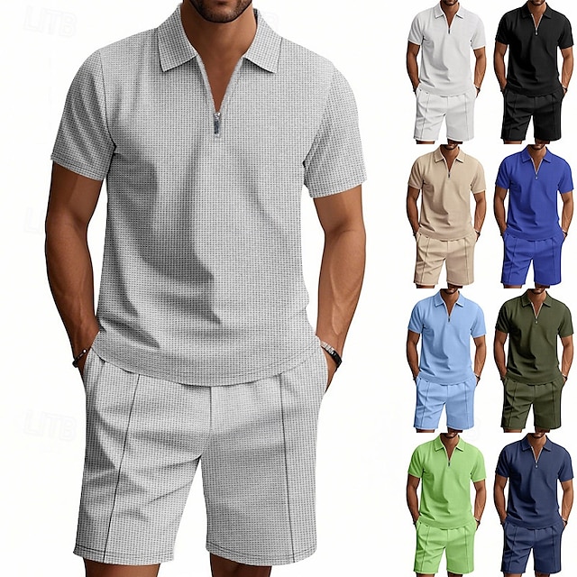  Voor heren Wafel Poloshirts Polo met kwartrits Dagelijks Feestdagen Revers Korte mouw Modieus Basic Effen 2-stuks Zomer Normale pasvorm Zwart Wit Marineblauw Koningsblauw Groen Khaki Wafel Poloshirts