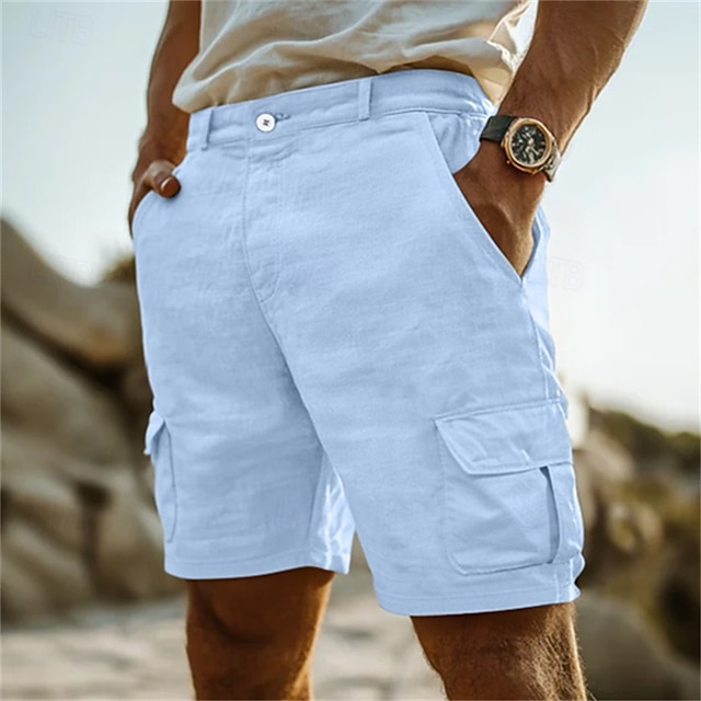  Per uomo Pantaloncini cargo Shorts di Lino Pantaloncini Estivi Shorts da Spiaggia Multi-tasche Gamba Dritta Semplice Comodità Traspirante Lunghezza al ginocchio All'aperto Casuale Quotidiano Stile