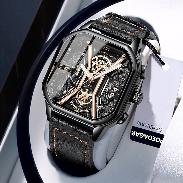  Mode für Männer Armbanduhren Luxus Chronograph leuchtend wasserdicht Datum Mann Uhr quadratisches Zifferblatt Leder Quarz Herrenuhren