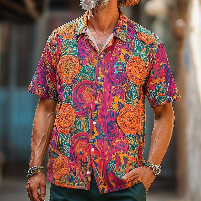 Men's Vintage Indian Boho Shirt Summer Hawaiian Shirt Button Up Shirt Short Sleeve Hawaiian Vacation Holiday Beach Wear Summer Spring Turndown 3D Print Collared Shirts Orange4