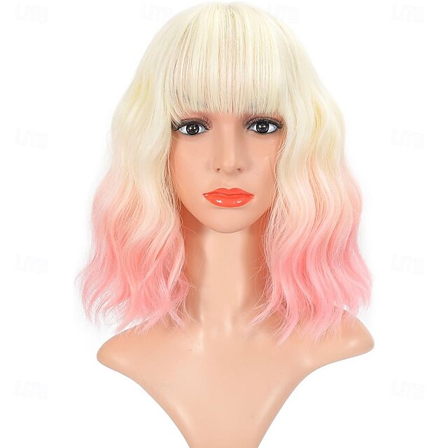  Ombre 2-tone kleur krullende bob pruik met luchtpony natuurlijke krullende golvende korte bob pruiken schouderlange pruiken synthetische cosplay voor meisjes kleurrijke pruiken 12'' blond tot roze