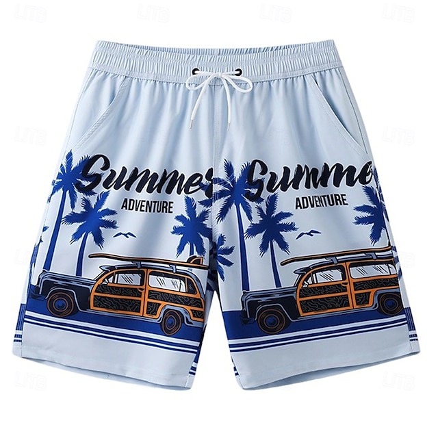  Men's Shorts Beach Shorts Pocket Drawstring Elastic Waist Graphic Leaf Tree Breathable Quick Dry Knee Length Outdoor Vacation Home Vacation Ethnic Style Lake blue Dark Blue / Red Micro-elastic