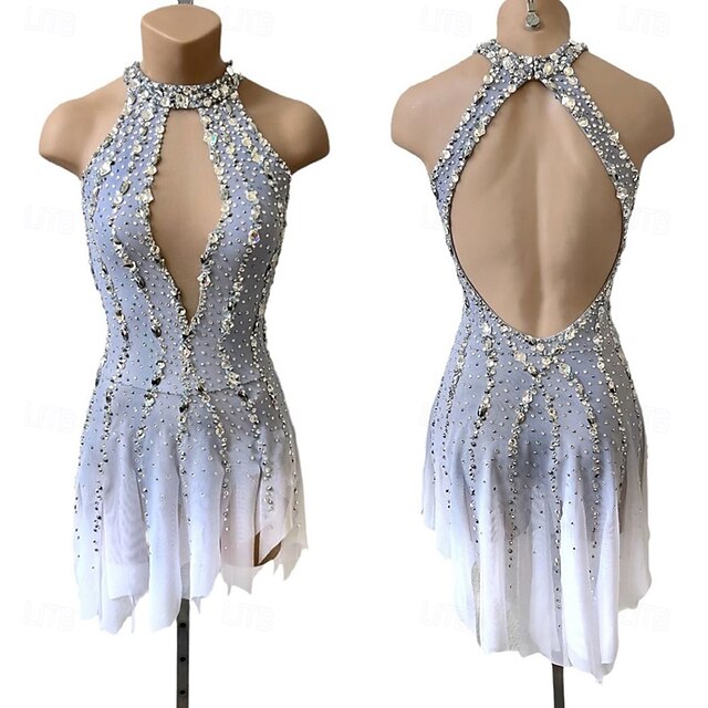 Figure Skating Dress Women's Girls' Ice Skating Dress Silver Open Back Asymmetric Hem Mesh High Elasticity Training Competition Skating Wear Classic Crystal / Rhinestone Sleeveless Ice Skating Figure4