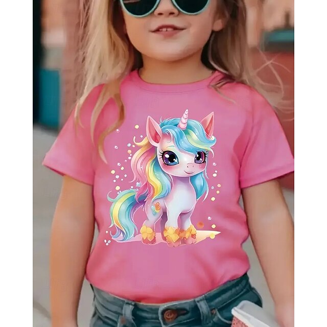  Dla dziewczynek 3D Jednorożec Podkoszulek T-shirt Krótki rękaw Lato Wiosna Moda Podstawowy Dzieci 4-12 lat Półgolf Na zewnątrz Codzienny Regularny