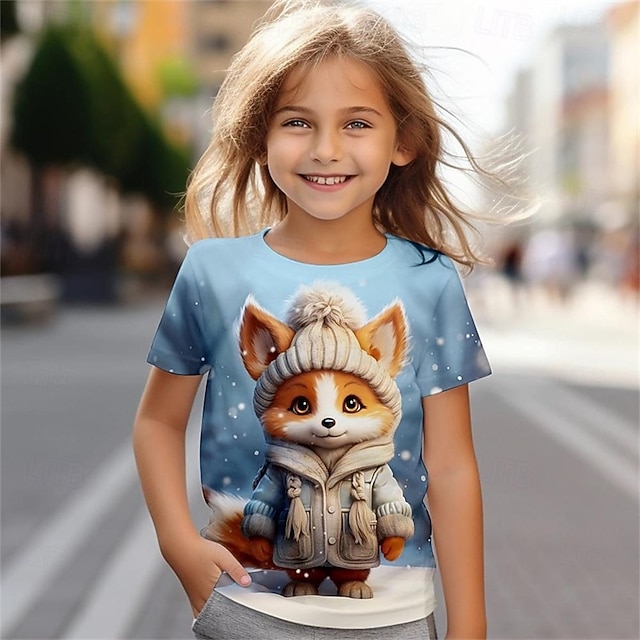  Mädchen 3D Tiermotiv T-Shirt Kurzarm Sommer Frühling Mode Basic Kinder 4-12 Jahre Rundhalsausschnitt Outdoor Lässig Täglich Normale Passform