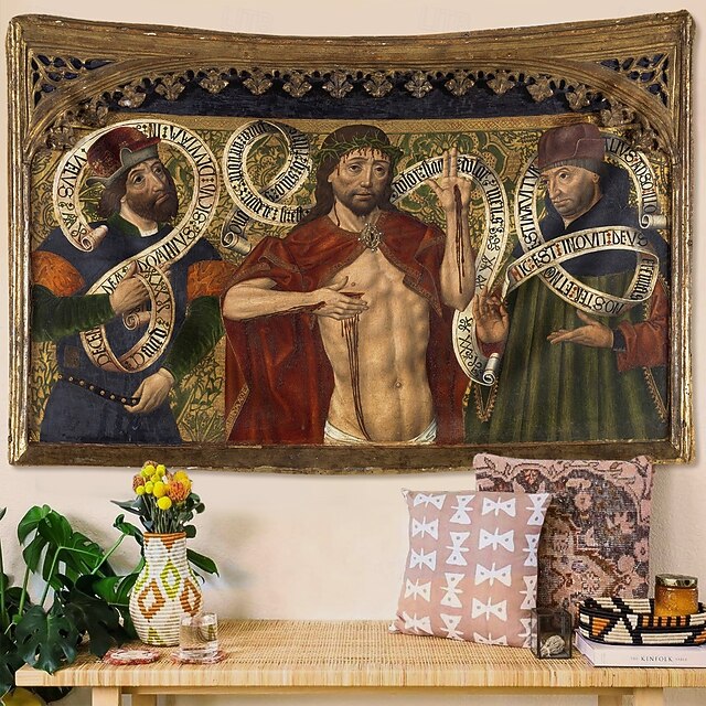 Medieval Tapestry Middle Age Tapestry Religious Art Large Tapestry Mural Decor Photograph Backdrop Home Bedroom Living Room Decoration Christ of Mercy between the Prophets David and Jeremiah4