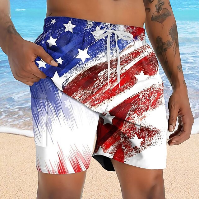 Independence Day Men's American US Flag Patriotic Lined Shorts 2 in 1 Board Shorts Swim Trunks Mid Waist Holiday Side Pockets With Compression Liner Elastic Drawstring Waist Designer Clothing Apparel4